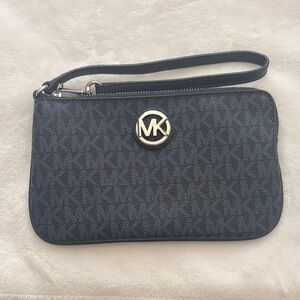 Michael Kors Dark Blue Monogram Wristlet with Silver Hardware